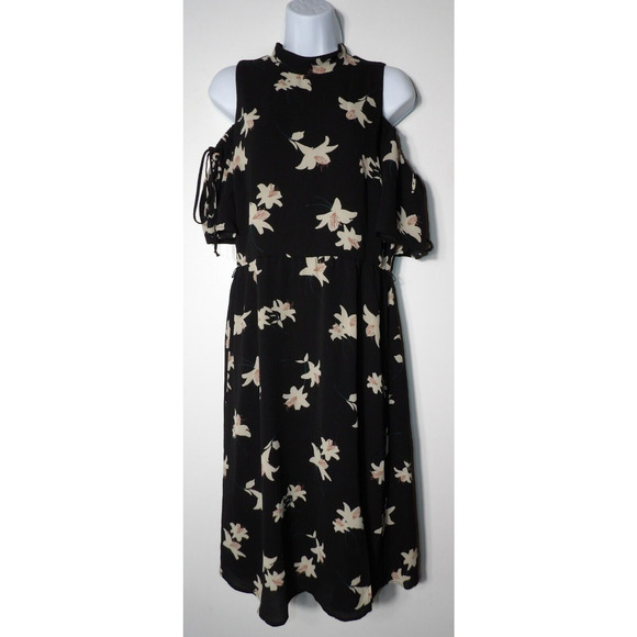 June & Hudson Dress Cold Shoulder Large Black Floral Midi Keyhole Sundress - Picture 1 of 15